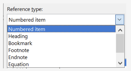 The Cross-reference dialog, choosing the reference type.