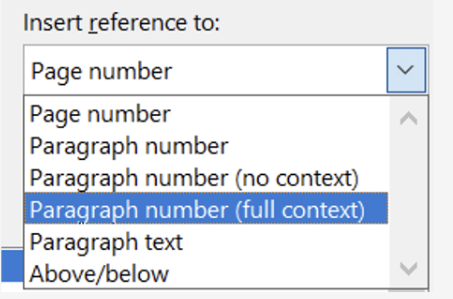 Choosing "paragraph number (full context)" as the reference to insert.