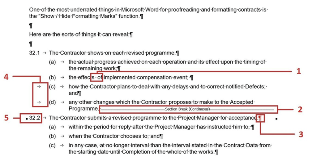 A contract with formatting marks shown, revealing spaces, tabs and paragraph marks.