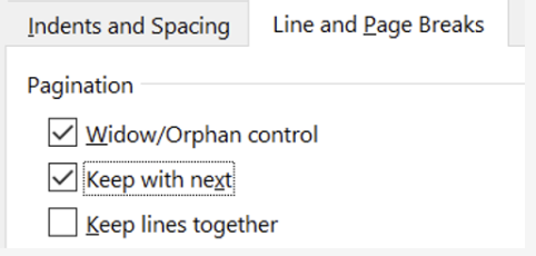 The "Keep with next" option on the Line and Page Breaks tab.