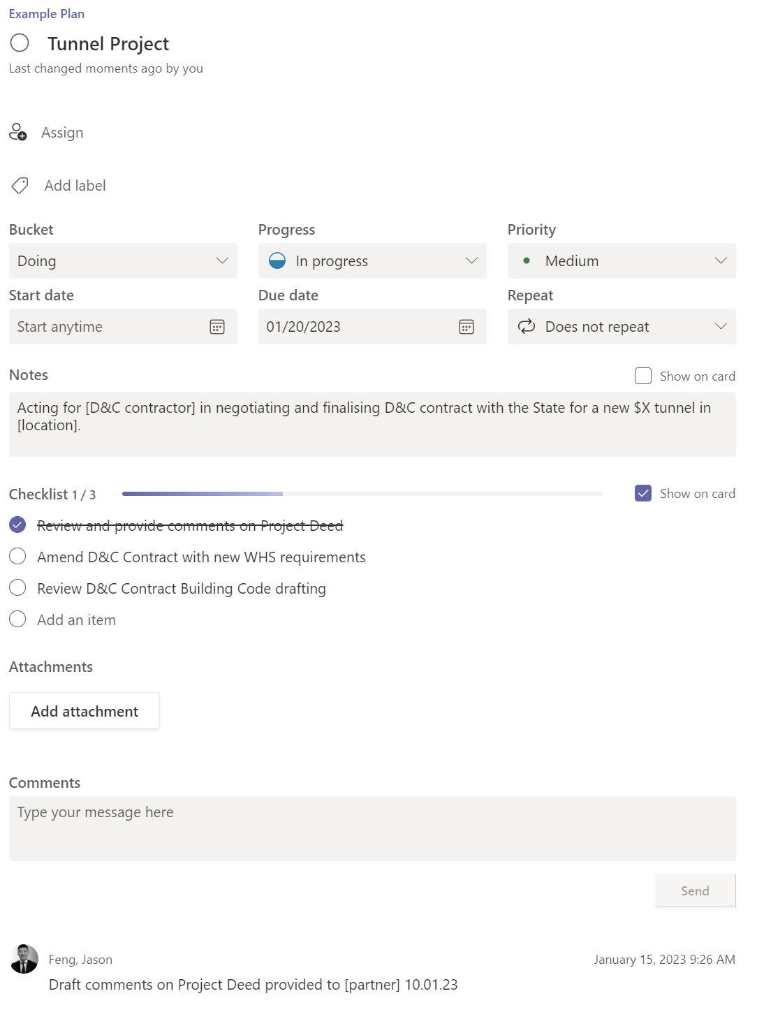 A task card opened up, showing its description, completion date and progress comments.