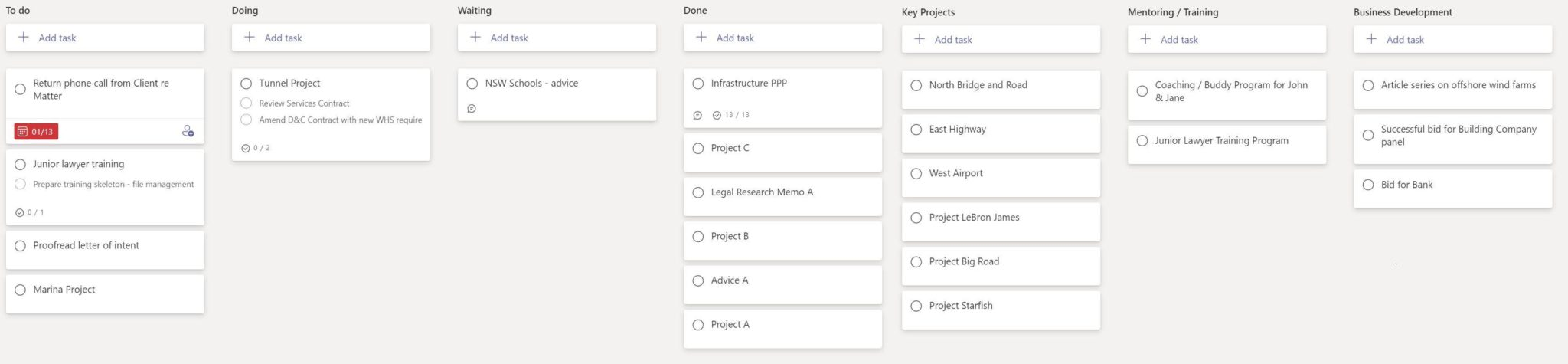 The general task manager board in Microsoft Planner, with To Do, Doing, Under Review and Done columns.