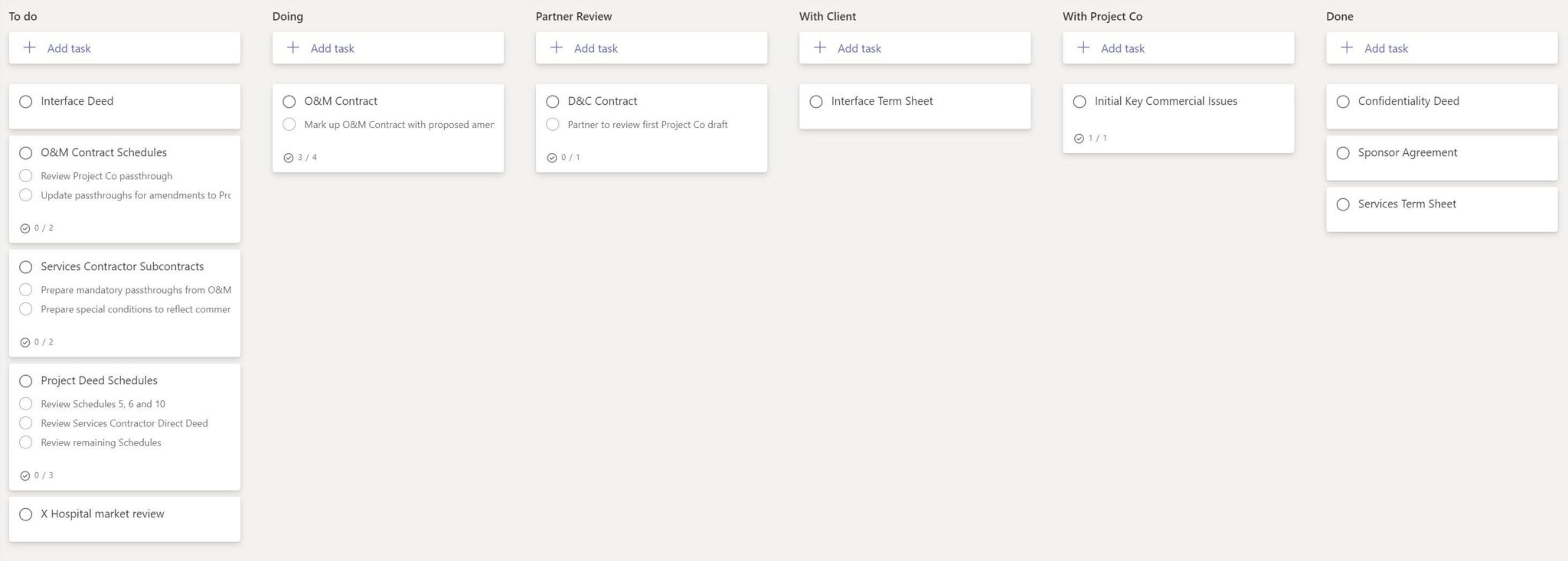 A project-specific task manager board tracking contracts moving between parties on a PPP project.